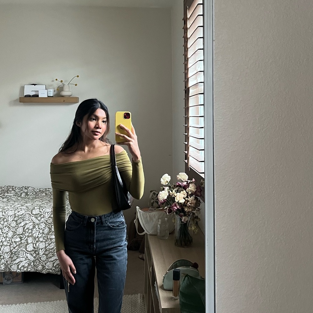 Aritzia Olive Off-Shoulder Top